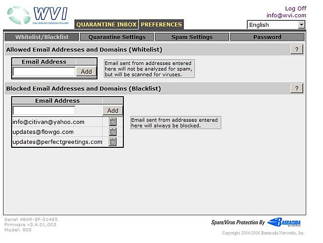 Blacklist/Whitelist screen