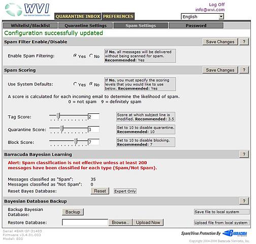 Spam Settings - user selected Spam Settings - user selected